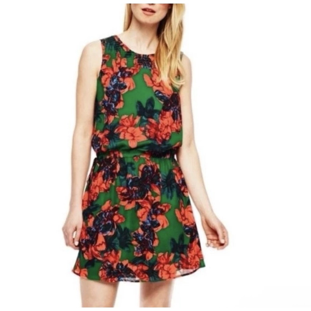 VINCE CAMUTO Green Orange Sleeveless Keyhole Smocked Floral Mini Blouson Dress